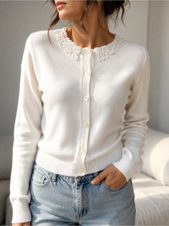 Authentic Original Vintage Style Sweaters - 100% Cotton Vintage 90s Sweater Loft Ivory Lace Collar Cotton Cardigan Made USA